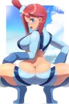 1girl ass back blue_eyes blue_sky blush breasts butt_crack from_behind full_body gloves hair_ornament highres large_breasts long_sleeves looking_at_viewer looking_back medium_breasts open_mouth pokemon pokemon_(game) pokemon_bw red_hair sasanoha_toro short_shorts shorts simple_background sky skyla_(pokemon) smile solo spread_legs squatting thighs white_background 