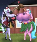  aloe_(mlp) anthro areola assisted_exposure big_breasts blue_eyes blue_hair blues64 blush breasts clothing coconut_bra dress duo earth_pony equid equine eyes_closed fan_character female footwear friendship_is_magic grass_skirt hair hasbro headgear headwear hi_res high_heels horse huge_breasts huge_hips huge_thighs hyper hyper_breasts mammal my_little_pony navel nipples open_mouth pegasus pink_body pony purple_areola purple_body purple_nipples scepter thick_thighs white_hair wide_hips wings 