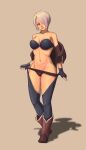  1girl 2019 absurdres angel_(kof) bare_shoulders black_gloves blue_eyes boots breasts chaps cleavage f14_(fast205) fingerless_gloves gloves hair_over_one_eye highres lips looking_at_viewer navel off_shoulder shadow short_hair simple_background smile solo standing the_king_of_fighters white_hair 