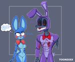  abs animatronic anthro bonnie_(fnaf) breasts dialogue duo female five_nights_at_freddy&#039;s five_nights_at_freddy&#039;s_2 flushed hi_res lagomorph leporid machine male male/female mammal muscular muscular_anthro muscular_male rabbit robot scottgames toonsxxx toy_bonnie_(fnaf) video_games withered_bonnie_(fnaf) 