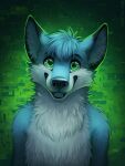  3:4 abstract_background anthro blue_body blue_fur blue_hair blue_tongue bust_portrait canid cheek_tuft chest_tuft facial_tuft fangs front_view fur glistening glistening_eyes green_eyes hair happy hi_res looking_at_viewer male mammal mylafox neck_tuft nude open_mouth open_smile portrait shoulder_tuft smile solo text tongue tuft url 