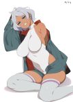  1girl ahoge aqua_eyes arm_at_side arm_up armpit_crease asticassia_school_uniform bangs breasts collarbone commentary_request covered_navel dark-skinned_female dark_skin dated foot_out_of_frame green_jacket green_shorts grey_hair grey_thighhighs grin gundam gundam_suisei_no_majo halterneck highleg highleg_leotard highres jacket large_breasts leaning_to_the_side leotard leotard_under_clothes long_sleeves looking_at_viewer off_shoulder open_clothes open_jacket open_shorts parted_bangs school_uniform secelia_dote short_hair short_shorts shorts sideboob simple_background single_bare_shoulder sitting skindentation sleeves_past_fingers sleeves_past_wrists smile solo thighhighs two-sided_fabric two-sided_jacket white_background white_leotard yokozuwari yu-ta 