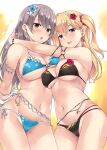  2girls arms_around_neck bangs bikini black_bikini blonde_hair blue_bikini blush bracelet breast_press breasts commentary_request covered_nipples ear_piercing flower grey_hair hair_between_eyes hair_flower hair_ornament hair_scrunchie jewelry long_hair looking_at_viewer medium_breasts mizuhara_yuu multiple_girls navel open_mouth original piercing scrunchie shirt sideboob standing stomach swimsuit thighhighs thighs underboob white_shirt yellow_eyes 