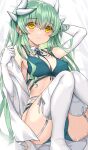  1girl alternate_costume bra breasts dragon_girl dragon_horns elbow_gloves fate/grand_order fate_(series) garter_belt gloves green_hair hair_between_eyes highres horns kiyohime_(fate) long_hair medium_breasts morizono_shiki multiple_horns panties solo thighhighs underwear underwear_only very_long_hair white_bra white_gloves white_panties white_thighhighs yellow_eyes 