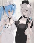  2girls absurdres alternate_costume black_dress black_nails blue_hair blue_nails breasts cleavage curtains dress grey_eyes halloween_costume hand_on_another&#039;s_hip hat highres holding holding_stethoscope holding_syringe hololive infirmary kingudejii large_breasts long_hair low_twintails multiple_girls nurse nurse_cap one_eye_closed pelvic_curtain pointy_ears shishiro_botan stethoscope syringe twintails very_long_hair white_dress white_hair yellow_eyes yukihana_lamy zipper zipper_pull_tab 