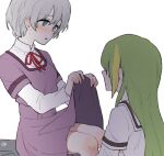  2girls alina_gray an_sin azusa_mifuyu blunt_ends blush breasts buttons center_frills collared_shirt frilled_shirt frills green_hair grey_hair layered_sleeves long_hair long_sleeves magia_record:_mahou_shoujo_madoka_magica_gaiden mahou_shoujo_madoka_magica miniskirt mizuna_girls&#039;_academy_school_uniform multicolored_hair multiple_girls neck_ribbon open_mouth pleated_skirt purple_ribbon purple_shirt purple_skirt ribbon sakae_general_school_uniform school_uniform shirt shirt_under_shirt short_hair short_over_long_sleeves short_sleeves sidelocks simple_background skirt sleeve_cuffs sleeves_rolled_up straight_hair streaked_hair very_long_hair white_shirt 