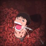  1boy berserk black_hair blood chopper_crying_(meme) crying crying_with_eyes_open guts_(berserk) highres levi_art looking_up male_focus meme one_piece open_mouth parted_lips portuguese_commentary short_hair signature solo spiked_hair tears tony_tony_chopper topless topless_male 