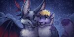  2:1 anthro black_antlers black_horn black_wings blonde_hair blue_eyes cheek_tuft chest_tuft closed_smile cloud duo eyes_closed facial_tuft fangs felid front_view fur glistening glistening_eyes grey_body grey_fur hair horn hybrid inner_ear_fluff male mammal membrane_(anatomy) membranous_wings mouth_closed mylafox neck_tuft nude one_eye_closed outside red_antlers red_wings short_hair short_horn small_horn smile snow snowing species_request star text tuft url whiskers white_inner_ear_fluff wings 