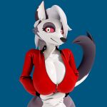  3d_(artwork) absurd_res anthro big_breasts breasts canid canid_demon cleavage clothed clothing demon digital_media_(artwork) female hair hellhound helluva_boss hi_res huge_breasts jacket looking_at_viewer loona_(helluva_boss) mammal nipple_outline pantsless provocative red_sclera severalbaps smile smiling_at_viewer solo topwear white_hair zipper_down 