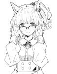  1girl adjusting_eyewear animal_ears aston_machan_(umamusume) bangs blush breasts buttons chokin-bako_no_futa closed_mouth ear_piercing frilled_shirt_collar frills glass greyscale hair_ornament hair_scrunchie hands_up high-waist_skirt horse_ears long_sleeves looking_at_viewer medium_hair monochrome piercing puffy_long_sleeves puffy_sleeves scrunchie semi-rimless_eyewear shirt_tucked_in side_ponytail skirt small_breasts solo umamusume upper_body 