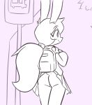  2022 anthro backpack bottomwear bus_stop butt clothed clothing clothing_lift digital_media_(artwork) female hair hi_res lagomorph leporid looking_away mammal noozy nova_rain rabbit simple_background skirt skirt_lift smile solo standing topwear unaware waiting 