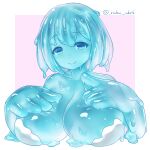  1:1 2022 big_breasts blue_body blue_eyes breasts daruzenon female goo_creature goo_humanoid hi_res humanoid looking_at_viewer not_furry simple_background smile solo translucent translucent_body 