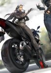  biker_clothes bikesuit black_footwear bodysuit fingerless_gloves gloves goggles ground_vehicle headwear_removed helmet helmet_removed highres holding holding_helmet jacket kagura_chizuru kusanagi_kyou leather leather_jacket looking_back motor_vehicle motorcycle motorcycle_helmet on_motorcycle riding road snk the_king_of_fighters the_king_of_fighters_xv tomcat_li 