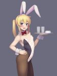  1girl 2022 alfort_(may0508) animal_ears bangs blonde_hair blue_eyes bow bowl bowtie breasts crying crying_with_eyes_open cup detached_collar embarrassed fake_animal_ears fang grey_background hand_on_hip highres long_riders! open_mouth playboy_bunny rabbit_ears red_bow red_bowtie saijou_hinako simple_background small_breasts smile solo tears translucent_bunnysuit twintails wrist_cuffs 