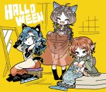  3girls ahoge animal_ears black_shirt black_socks blue_eyes blue_hair brown_hair cloak closed_eyes cosplay costume_switch dress fang grass_root_youkai_network green_kimono halloween head_fins imaizumi_kagerou imaizumi_kagerou_(cosplay) japanese_clothes kimono long_hair long_sleeves mermaid monster_girl multiple_girls open_mouth red_cloak red_eyes red_hair sekibanki sekibanki_(cosplay) shirt short_hair smile socks tail touhou wakasagihime wakasagihime_(cosplay) white_dress wide_sleeves wolf_ears wolf_tail yt_(wai-tei) 