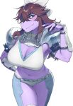  anthro armband armor big_breasts bracers breasts brown_hair cleavage clothed clothing cosplay crossover crossover_cosplay deltarune female fire_emblem_three_houses freckles hair hi_res midriff purple_body reptile scalie simple_background skimpy solo spiked_armband spikes sskomu_(artist) susie_(deltarune) unconvincing_armor undertale_(series) video_games white_background 