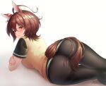  1girl agnes_tachyon_(umamusume) animal_ears ass bangs black_pantyhose blush breast_press breasts brown_hair earrings feet_out_of_frame horse_ears horse_girl horse_tail ichijo_kazuya jewelry looking_at_viewer looking_back lying medium_breasts medium_hair on_stomach orange_eyes pantyhose short_sleeves sign signature single_earring solo sweater sweater_vest tail thighband_pantyhose umamusume yellow_sweater 