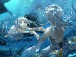  2girls aged_down air_bubble backless_dress backless_outfit blue_hair blue_nails bubble commentary_request dress fish fish_tail funi_mu9 gawr_gura gills hand_grab holding_breath hololive hololive_english long_hair mother_and_daughter multiple_girls shark_girl shark_tail strapless strapless_dress swimming tail two_side_up underwater virtual_youtuber white_dress 