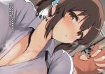 1girl :o blush breasts brown_hair cleavage commentary_request full-face_blush heartbeat highres holding_hands idolmaster idolmaster_cinderella_girls interlocked_fingers large_breasts open_collar pov pov_hands shirt sidelocks solo steam steaming_body sweatdrop totoki_airi translation_request twintails ushizara white_shirt 