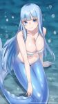  1girl air_bubble artist_name awono_nanaumi bangs bikini bikini_top_only blue_eyes blue_hair blunt_bangs blush borrowed_character breasts bubble closed_mouth collarbone commentary_request commission highres large_breasts light_blue_hair looking_at_viewer mermaid monster_girl navel original signature smile solo swimsuit underwater watermark 