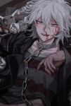  1boy artist_name bangs black_jacket blood blood_on_face boleum_(dgrpluna) brown_eyes chain collar collarbone danganronpa_(series) danganronpa_another_episode:_ultra_despair_girls grey_hair hair_between_eyes highres jacket komaeda_nagito long_sleeves lying male_focus medium_hair metal_collar nail_polish nosebleed on_back open_clothes open_jacket open_mouth red_nails servant_(danganronpa) shiny shiny_hair shirt solo striped striped_shirt teeth upper_body upper_teeth watermark 