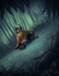  2018 anthro black_nose blue_bottomwear blue_clothing blue_hair blue_pants bottomwear brown_body brown_fur cheek_tuft clothed clothing dated dutch_angle facial_spots facial_tuft fangs forest full-length_portrait fur glistening glistening_nose grass hair hi_res hoodie leaf male mylafox neck_tuft orange_clothing orange_eyes orange_hoodie orange_topwear outside pants plant portrait raining short_hair shrub signature sitting solo species_request spider_web spots spotted_body spotted_face spotted_fur text topwear tree tuft url 