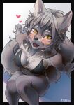  &lt;3 2022 5_fingers anthro ayabemiso bikini biped black_bikini_top blush breasts canid canine canis chest_tuft clothing countershade_fur countershading eyebrows female fingers fluffy fluffy_tail foreshortening fur grey_body grey_fur grey_hair hair hair_between_eyes hi_res kemono looking_at_viewer looking_up mammal messy_hair navel open_mouth open_smile perspective sharp_teeth sitting smile solo swimwear teeth tuft wolf yellow_eyes 
