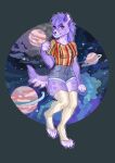  anthro bottomwear clothing female fur hair legwear long_hair looking_at_viewer low_res mouth_closed purple_body purple_eyes purple_fur purple_hair qarosy saturn_(planet) shirt shorts smile solo standing star thigh_highs topwear 