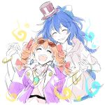  2girls ^_^ ^o^ arms_up bangle bangs black_headwear blue_hair blush bow bracelet closed_eyes coat dark_blue_hair diamond_(gemstone) diamond_earrings dot_nose drawstring drill_hair earrings eyewear_on_head facing_viewer fang grey_hoodie grin hair_between_eyes hair_bow hands_up happy hat hatching_(texture) hitodama holding_hands hood hood_down hoodie jewelry laughing linear_hatching long_bangs long_hair mini_hat mini_top_hat multiple_girls necklace open_clothes open_coat orange_hair outstretched_arm pendant purple_coat re_ghotion red_bow round_eyewear short_sleeves siblings sideways_hat simple_background sisters sketch smile sunglasses teeth top_hat touhou twin_drills twintails upper_body upper_teeth w_arms white_background wide_ponytail wide_sleeves yorigami_jo&#039;on yorigami_shion 