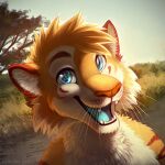  1:1 anthro blue_eyes blue_tongue bust_portrait cheek_tuft chest_tuft clear_sky facial_tuft fangs felid front_view fur glistening glistening_eyes grass hair happy looking_at_viewer male mammal mylafox nude open_mouth open_smile orange_body orange_fur orange_hair orange_nose outside pantherine plant portrait red_stripes short_hair shrub smile solo stripes text tiger tongue tree tuft url whiskers white_body white_fur 