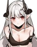  1girl arknights bare_shoulders bikini black_bikini breasts cleavage collarbone earrings goma_74umai grey_hair hair_ornament highres horns jewelry large_breasts long_hair looking_at_viewer mudrock_(arknights) oripathy_lesion_(arknights) parted_lips pointy_ears red_eyes simple_background solo sports_bra strap_slip swimsuit upper_body very_long_hair white_background 