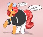  2021 absurd_res black_clothing black_dress blue_eyes clothing dialogue digital_media_(artwork) dress english_text equid equine female feral hi_res horse looking_back maid_uniform mammal maynara orange_body pony ribbons simple_background solo text uniform unseen_character 