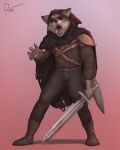  4:5 5_fingers animal_head anthro anthrofied bottomwear canid canine canis clothing fingers for_a_head gloves gradient_background handwear hi_res male mammal melee_weapon pants plantigrade rov signature simple_background solo sword topwear weapon wolf 