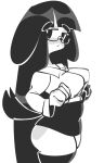  anthro big_breasts black_body black_fur black_hair black_nose bottomwear breasts canid clothing eyebrows eyewear female fur glasses hair hi_res kaziedell long_hair looking_at_viewer mammal monochrome raised_eyebrows shirt shirt_collar simple_background skirt solo standing thick_thighs topwear white_background wide_hips 