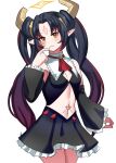  absurd_res black_hair blush bottomwear clothed clothing female hair hi_res horn horned_humanoid humanoid navel not_furry simple_background skirt solo white_background ytrall 