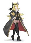  1girl absurdres belt black_belt black_footwear blonde_hair boots buttons closed_mouth coat cynthia_(pokemon) cynthia_(sygna_suit)_(renegade)_(pokemon) eyelashes frills grey_coat grey_eyes hair_over_one_eye hand_on_hip high_heel_boots high_heels highres horns kakikuyeko3181 long_hair long_sleeves neck_ribbon open_clothes open_coat pokemon pokemon_(game) pokemon_masters_ex ribbon smile solo standing thigh_boots white_ribbon 