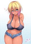 1girl blonde_hair blue_eyes blush breasts c.r. cleavage covered_nipples crop_top curvy dark_skin gyaru highres huge_breasts kogal looking_at_viewer micro_shorts mole mole_on_breast multicolored_hair navel no_bra no_panties open_clothes open_shorts original short_hair shorts signature solo tan thick_thighs thighs unbuttoned_shorts wide_hips 