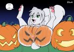  anthro anus big_butt bodypaint butt female fours_(artist) fur genitals halloween holidays jack-o&#039;-lantern mammal pussy solo white_body white_fur 