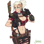  1girl abs armor backpack bag blonde_hair breasts canteen cleavage_cutout clothing_cutout collar cup fallout_(series) fallout_new_vegas fingerless_gloves gloves green_eyes gun handgun highres holding holding_cup large_breasts looking_to_the_side muscular muscular_female nose_piercing nose_ring pauldrons piercing ponytail rifle scar shardanic shaved_head short_hair shoulder_armor solo tattoo toned torn_clothes vest weapon weapon_on_back white_background wrist_computer zipper 