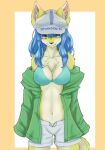  2021 anthro blue_eyes blue_hair bottomwear bra breasts canid canine chest_tuft clothing female fox front_view green_clothing green_jacket green_topwear hair jacket kyabe2d0g145 mammal navel shorts simple_background solo topwear tuft underwear 
