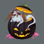  anthro breasts butt candy dessert dragon female food friddscat fruit halloween herm hi_res holidays intersex plant pumpkin smile solo tail tongue wings ych_(character) 