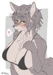  &lt;3 2022 amber_eyes anthro ayabemiso big_breasts black_bikini_top blush breasts canid canine canis female fur grey_body grey_fur grey_hair hair hand_on_breast hi_res looking_at_viewer mammal messy_hair simple_background solo wolf 
