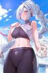  1girl armpit_crease bangs bare_shoulders blue_eyes blue_nails blurry blurry_background blush bottle braid braided_ponytail breasts cloud crop_top_lift genshin_impact hair_ornament hair_over_one_eye highres holding holding_bottle large_breasts long_hair looking_at_viewer milk_bottle navel outdoors pants shenhe_(genshin_impact) sidelocks sky solo sports_bra sweat tassel turtleneck_crop_top very_long_hair white_hair xuxuxu yoga_pants 