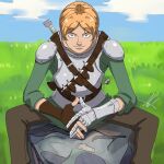  1boy armor bangs berserk blonde_hair blue_eyes blue_sky closed_mouth grass highres judeau_(berserk) levi_art looking_at_viewer male_focus meme one_piece outdoors parted_bangs portuguese_commentary shoulder_armor signature sitting sitting_on_rock sky solo trafalgar_law 