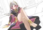  1girl absurdres blush breasts bridal_gauntlets cleavage cloak couch crossed_legs cushion fire_emblem fire_emblem_awakening fire_emblem_heroes gold_trim grima_(fire_emblem) hair_ornament hand_to_own_mouth highres long_hair medium_breasts official_alternate_costume on_couch possessed red_eyes robin_(fire_emblem) robin_(fire_emblem)_(female) see-through shizukugu03 sitting smile solo twintails white_hair 