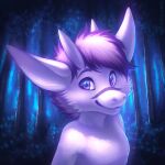  1:1 anthro bust_portrait closed_smile dragon fur furred_dragon glistening glistening_eyes hair horn looking_at_viewer male mouth_closed mylafox nude outside pink_body pink_fur pink_hair pink_horn portrait purple_eyes purple_hair solo text url 