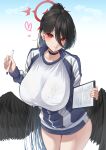  1girl black_choker black_hair black_wings blue_archive blue_jacket breasts choker clipboard feathered_wings gym_shirt gym_shorts gym_uniform halo hasumi_(blue_archive) hasumi_(gym_uniform)_(blue_archive) highres holding holding_clipboard jacket large_breasts large_wings long_hair low_wings mole mole_under_eye nanohana_(november.) official_alternate_costume partially_unzipped red_eyes shirt shorts solo sportswear track_jacket white_shirt wings 