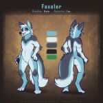  1:1 abstract_background anthro black_pawpads blue_body blue_fur canid canine cheek_tuft chest_tuft closed_smile color_swatch digitigrade elbow_tuft facial_markings facial_tuft featureless_crotch fluffy fluffy_tail fox foxeler front_view fur green_eyes grey_body grey_fur hand_on_hip head_markings head_tuft hi_res looking_at_viewer male mammal markings model_sheet mouth_closed mylafox neck_tuft nude pawpads rear_view solo standing text tuft url white_body white_fur 