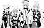  4boys adnachiel_(arknights) angel arene_(arknights) arknights armband bishounen coat cowboy_shot enforcer_(arknights) executor_(arknights) formal halo headphones headphones_around_neck height_chart height_difference iwashi_80 jacket male_focus mechanical_halo monochrome multiple_boys necktie short_hair suit wings 