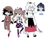  ... 4girls :d =3 anger_vein animal_ears arms_at_sides bangs beamed_eighth_notes bird_wings black_eyes black_hair black_necktie black_thighhighs black_wings blazer blue_hair blue_headwear blush_stickers bow brown_hair brown_headwear brown_jacket brown_pants capri_pants checkered_clothes checkered_skirt closed_mouth collared_shirt cropped_shoulders crossed_arms d: dark_blue_hair detached_sleeves false_smile feathered_wings forbidden_scrollery frown full_body furrowed_brow geta hair_bow hands_in_pockets hat high-waist_pants high_collar himekaidou_hatate holding holding_sword holding_weapon iizunamaru_megumu inubashiri_momiji jacket japanese_clothes leg_up legs_apart lineup long_hair long_skirt long_sleeves looking_ahead looking_at_another looking_to_the_side low_wings multiple_girls musical_note necktie no_nose open_clothes open_jacket open_mouth pants pointy_ears pom_pom_(clothes) purple_bow purple_footwear purple_skirt re_ghotion red_footwear red_headwear red_necktie red_skirt ribbon-trimmed_sleeves ribbon_trim sanpaku shaded_face shameimaru_aya shameimaru_aya_(newsboy) shirt shirt_tucked_in shoes short_hair short_sleeves simple_background skirt sleeve_cuffs sleeves_past_fingers sleeves_past_wrists smile speech_bubble spoken_ellipsis standing sweat swept_bangs sword tail tengu tengu-geta thighhighs tokin_hat touhou turn_pale turtleneck twintails v-shaped_eyebrows weapon white_background white_hair white_shirt white_sleeves white_tail wide_sleeves wing_collar wings wolf_ears wolf_girl wolf_tail zettai_ryouiki 